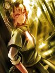  1girl animal_ears capelet commentary_request dappled_sunlight dress forest grey_dress grey_hair highres jan_(artist) looking_at_viewer mouse_ears nature nazrin parted_lips red_eyes short_hair sleeves_rolled_up smile solo sunlight touhou 
