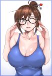  1girl ;d black-framed_eyewear breasts brown_eyes brown_hair cleavage gggg glasses hair_ornament hair_stick highres large_breasts mei_(overwatch) one_eye_closed open_mouth overwatch short_hair smile solo white_background 