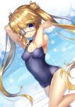  1girl abondz bangs blonde_hair blue_eyes blue_swimsuit blurry blush breasts collarbone covered_navel depth_of_field eyebrows eyebrows_visible_through_hair eyepatch hair_between_eyes leg_up lens_flare long_hair looking_at_viewer nakatsu_shizuru one-piece_swimsuit parted_lips rewrite school_swimsuit shade small_breasts solo sparkle standing standing_on_one_leg swimsuit twintails 
