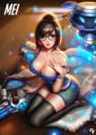  1girl bare_shoulders bead_bracelet black_legwear breasts brown_eyes brown_hair cleavage coat coat_removed collarbone glasses gun hair_bun hair_ornament hairpin hand_on_own_chest highres kneeling large_breasts liangxing lips mei_(overwatch) overwatch robot shorts solo strap_slip sweat sweating tank_top thigh-highs weapon wet 