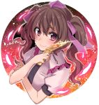  asa_(coco) brown_hair cellphone hair_between_eyes hair_ribbon hat himekaidou_hatate long_hair looking_at_viewer open_mouth petals phone pom_pom_(clothes) puffy_short_sleeves puffy_sleeves purple_blouse ribbon short_sleeves smile tokin_hat touhou twintails upper_body violet_eyes wavy_hair 