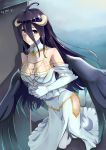  1girl absurdres albedo black_hair breasts cleavage collar collarbone dress fingerless_gloves gloves hair_between_eyes highres horns long_hair overlord_(maruyama) signature solo toyozero white_dress white_gloves wings yellow_eyes 