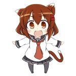  1girl animal_ears black_legwear blush brown_eyes brown_hair cat_ears cat_tail chibi commentary_request fang hair_ornament hairclip ikazuchi_(kantai_collection) kantai_collection kemonomimi_mode long_sleeves looking_at_viewer neckerchief open_mouth outstretched_arms pleated_skirt school_uniform serafuku short_hair skirt solo standing tail thigh-highs white_background yuu_(togishi_kanata) 