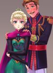  1boy 1girl agdar_(frozen) aiguillette blonde_hair blue_eyes blush brown_hair cape corset elsa_(frozen) epaulettes facial_hair father_and_daughter frozen_(disney) fujimaru_(kinakomucch) full-face_blush hair_up hands_on_another&#039;s_shoulders lipstick looking_at_viewer makeup medal military military_uniform mustache red_lipstick uniform yellow_eyes 