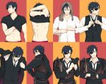  1boy abs armor black_hair dressing eyepatch gloves half_gloves hand_under_clothes hand_under_shirt japanese_armor male_focus necktie nipples one_eye_closed parted_lips scar sequential shirt shokudaikiri_mitsutada smile sode touken_ranbu towel towel_on_head twoframe waistcoat wet yellow_eyes 