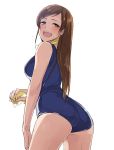  1girl ass blush brown_eyes brown_hair idolmaster idolmaster_cinderella_girls kawaty long_hair nitta_minami one-piece_swimsuit open_mouth simple_background sketch solo sponge swimsuit wet 