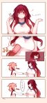  2girls blush breasts closed_mouth comic cup earmuffs food_in_mouth gradient_hair highres hijiri_byakuren jewelry large_breasts long_hair mouth_hold multicolored_hair multiple_girls musical_note necklace orange_hair red_eyes redhead shirt sidelocks sleeveless smile tis_(shan0x0shan) toast toast_in_mouth touhou toyosatomimi_no_miko translated very_long_hair white_shirt 
