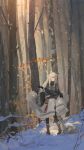  1girl absurdres animal_ears boots capelet cloak forest highres leaf long_hair nature original scenery silver_hair snow snow_leopard tree winter xilmo yellow_leaves 