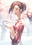  brown_hair cherry_blossoms earrings hair_ornament hairclip idolmaster idolmaster_side-m jewelry kojijima looking_at_viewer open_mouth outstretched_hand ponytail shirt smile striped striped_shirt tree upper_body watanabe_minori 