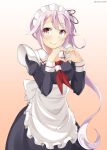  1girl alternate_costume dress enmaided harusame_(kantai_collection) heart heart_hands kankitsunabe_(citrus) kantai_collection long_hair maid pink_hair red_eyes side_ponytail standing 