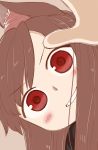  1girl animal_ears blush brown_hair clenched_teeth grin head_tilt imaizumi_kagerou long_hair poronegi red_eyes smile solo teeth touhou wolf_ears 