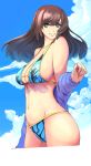  1girl bikini blue_eyes brown_hair chikushi_nitouhei highres jacket long_hair original swimsuit 