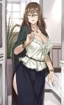  1girl bead_bracelet belt blue_skirt bracelet breasts brown_hair cleavage commentary_request cowboy_shot elf glasses green_cape green_eyes houtengeki indoors jewelry large_breasts long_hair looking_at_viewer original parted_lips pendant pointy_ears side_slit skirt smile solo 