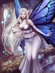  1girl artist_name arturo_z._gutierrez bare_shoulders braid breasts butterfly_wings cleavage dress earrings elbow_gloves gloves harp instrument jewelry leaf light_particles long_hair looking_at_viewer nature original platinum_blonde pointy_ears solo tree very_long_hair violet_eyes wings 