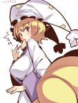  1girl blonde_hair blush breasts dated fox_tail hat huge_breasts kasa_jizou looking_at_viewer looking_to_the_side mouth_hold multiple_tails pillow_hat short_hair solo surprised tabard tail touhou yakumo_ran yellow_eyes 