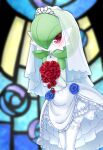  1girl bare_shoulders blue_flower blue_rose blurry blurry_background blush bouquet bridal_veil choker closed_mouth clothed_pokemon colored_skin commentary_request detached_sleeves dress flat_chest floral_print flower gardevoir gem gen_3_pokemon green_skin hands_up happy heart heart_in_eye highres holding holding_bouquet layered_dress leaning_forward legs_together muguet multicolored multicolored_skin pokemon pokemon_(creature) red_eyes red_flower red_rose rose rose_print sapphire_(gemstone) see-through smile solo stained_glass standing symbol_in_eye thigh-highs tiara two-tone_skin veil wedding_dress white_choker white_dress white_legwear white_skin white_sleeves 