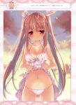  1girl absurdres artist_name breasts brown_hair cleavage collarbone dress dress_lift hair_ribbon highres long_hair looking_at_viewer medium_breasts navel original p19 panties red_eyes ribbon smile solo twintails underwear wet wet_clothes wet_dress white_dress white_panties white_ribbon 