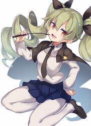  &gt;:d 1girl :d anchovy between_breasts blue_skirt breasts cape clenched_hand dress_shirt drill_hair girls_und_panzer green_hair hair_between_eyes hair_ribbon hand_on_hip long_hair long_sleeves looking_at_viewer medium_breasts necktie necktie_between_breasts open_mouth orange_eyes pantyhose pleated_skirt pointing pointing_at_self ribbon riding_crop school_uniform shirt shoes sitting skirt smile twin_drills twintails white_legwear yamaarashi 