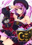  1girl armpits bare_shoulders book detached_sleeves fate/grand_order fate_(series) hat helena_blavatsky_(fate/grand_order) highres horonosuke looking_at_viewer purple_hair salute short_hair smile solo thigh-highs violet_eyes 