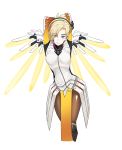  1girl arms_behind_head arms_up artist_name blonde_hair blue_eyes bodysuit cowboy_shot ddhs eyes_visible_through_hair high_ponytail highres looking_at_viewer mechanical_halo mechanical_wings mercy_(overwatch) overwatch pantyhose parted_lips signature simple_background solo white_background wings 