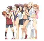  6+girls ball barefoot basketball basketball_uniform beanie bike_jersey bike_shorts black_hair blonde_hair blue_eyes blush bottle braid breasts brown_eyes brown_hair cleavage competition_swimsuit covered_navel dougi drinking from_side green_eyes gymnast_leotard hand_on_another&#039;s_cheek hand_on_another&#039;s_face hat japanese_clothes kimono leggings leotard long_hair midriff multiple_girls navel no_socks one-piece_swimsuit open_mouth orange_eyes orange_hair ponytail purplevortex shoes short_hair side_ponytail single_braid smile sneakers socks sports_bra sportswear swimsuit tan track_uniform v water_bottle yellow_eyes 