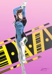  1girl absurdres arms_up bangs bodysuit breasts brown_eyes brown_hair character_name covered_navel d.va_(overwatch) facial_mark gloves gradient gradient_background headphones highres long_hair looking_at_viewer medium_breasts miniryuu overwatch parted_lips pilot_suit pink_background signature solo swept_bangs whisker_markings white_gloves 