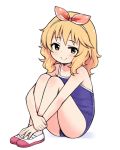  1girl blonde_hair blush green_eyes hairband idolmaster idolmaster_cinderella_girls looking_at_viewer moru_(monaka) one-piece_swimsuit sakurai_momoka short_hair simple_background sitting smile solo swimsuit white_background 