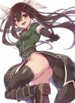  1girl :d ass black_boots black_gloves black_legwear boots brown_eyes brown_hair elbow_gloves from_behind gloves hair_between_eyes kantai_collection leg_up looking_back no_panties open_mouth pelvic_curtain pointing remodel_(kantai_collection) smile solo standing thigh-highs tone_(kantai_collection) twintails yamaarashi 
