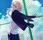  1boy black_eyes black_jacket black_pants blonde_hair closed_mouth clouds cowboy_shot day empty_eyes fence food hand_in_pocket highres holding holding_food jacket jacket_on_shoulders light_particles male_focus medium_hair meimei_(cb_mei) outdoors pants popsicle sano_manjirou shirt short_sleeves smile solo standing tokyo_revengers white_shirt 