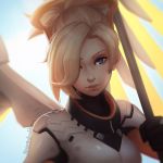  1girl artist_name black_gloves blonde_hair blue_background blue_eyes bodysuit closed_mouth gloves hair_over_one_eye holding koyorin looking_at_viewer mechanical_wings mercy_(overwatch) overwatch ponytail red_lips short_hair simple_background solo upper_body watermark web_address wings 