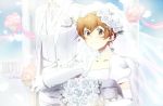  1boy 1girl blush bouquet bridal_veil bride brown_hair catgirl0926 choker dress eyebrows flower hair_between_eyes husband_and_wife hyakujuu-ou_golion juliet_sleeves locked_arms long_sleeves pidge_gundarsson pillar puffy_sleeves rose thick_eyebrows tuxedo veil voltron:_legendary_defender wedding_dress white_rose 