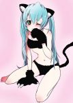  1girl animal_ears aqua_hair blush cat_ears cat_paws cat_tail green_eyes hatsune_miku long_hair navel one_eye_closed paws pink_background sitting solo tail twintails very_long_hair vocaloid 