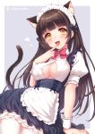  1girl absurdres animal_ears apron arm_support black_hair blue_background bow bowtie breasts cat_ears cat_tail cleavage_cutout covered_nipples dress earrings eyebrows eyebrows_visible_through_hair fang finger_to_mouth frilled_dress frills hair_bow heart highres jewelry long_hair maid maid_headdress medium_breasts open_mouth orange_eyes original puffy_short_sleeves puffy_sleeves sakura_shiho_(shihoncake) short_sleeves simple_background solo tail thigh-highs tongue tongue_out twitter_username underbust white_legwear wrist_cuffs 