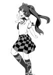  0-den 1girl absurdres arm_garter blush checkered checkered_skirt commentary_request foreshortening from_side greyscale hat highres himekaidou_hatate looking_at_viewer monochrome profile shirt short_sleeves skirt solo tokin_hat tongue tongue_out touhou twintails v white_shirt 