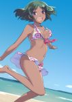  1girl :d bare_arms bare_legs bare_shoulders barefoot beach bikini bikini_skirt blue_sky blush bouncing_breasts bracelet breasts clouds coast collarbone day dutch_angle floral_print green_hair horizon idolmaster jewelry kawaty looking_at_viewer medium_breasts natalia_(idolmaster) navel one_leg_raised open_mouth outdoors outstretched_arms running sand shore short_hair sky smile solo stomach strap_gap swimsuit violet_eyes white_bikini 