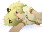  1girl :&lt; animal_ears bed_sheet beige_shirt blonde_hair blush breast_pocket breasts brown_eyes cat_ears collar collared_shirt commentary_request eyebrows eyebrows_visible_through_hair eyelashes fur_collar kemono_friends lion_(kemono_friends) lion_ears long_hair looking_at_viewer lying necktie on_side ookamiuo outstretched_arm plaid plaid_necktie pocket pov puffy_short_sleeves puffy_sleeves shirt short_sleeves simple_background solo tsurime white_background white_shirt 