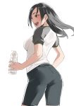  1girl black_hair blush bottle breasts brown_eyes idolmaster idolmaster_cinderella_girls kawaty long_hair open_mouth smile solo trainer_(idolmaster) water_bottle 