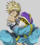  1boy artist_name blonde_hair chinese_clothes grey_background male_focus meansary meitenkun pillow pillow_hug simple_background sitting solo the_king_of_fighters the_king_of_fighters_xiv violet_eyes 