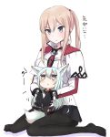  2girls animal_ears aqua_eyes aqua_hair black_gloves black_legwear blonde_hair blue_eyes breasts capelet chibi commentary_request dog_ears dog_tail eyebrows eyebrows_visible_through_hair gloves graf_zeppelin_(kantai_collection) grey_eyes hair_between_eyes hibiki_(kantai_collection) highres kantai_collection kemonomimi_mode long_hair long_sleeves looking_up medium_breasts miniskirt multiple_girls no_hat nonono_(mino) pantyhose pleated_skirt school_uniform serafuku silver_hair simple_background sitting sitting_on_lap sitting_on_person skirt sweatdrop tail thigh-highs twintails wariza white_background 