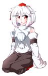  0-den 1girl animal_ears bare_shoulders blush commentary_request detached_sleeves full_body hat highres inubashiri_momiji looking_at_viewer pom_pom_(clothes) red_eyes seiza short_hair sitting sleeves_past_wrists solo tokin_hat touhou triangle_mouth white_hair wide_sleeves wolf_ears 