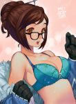  1girl black-framed_eyewear black_gloves bra breasts brown_eyes brown_hair character_name dripping gloves green_bra hair_ornament hair_stick highres looking_at_viewer mei_(overwatch) open_mouth overwatch salmon88 short_hair solo sweat underwear 