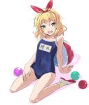  1girl :d arm_support ball beachball blonde_hair bow competition_school_swimsuit green_eyes hair_bow hand_on_own_thigh highres idolmaster idolmaster_cinderella_girls kawaty name_tag one-piece_swimsuit open_mouth sakurai_momoka school_swimsuit shoes short_hair smile socks solo swimsuit uwabaki 