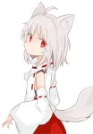  1girl ahoge akasabi animal_ears bare_shoulders detached_sleeves hair_over_one_eye highres inubashiri_momiji looking_at_viewer looking_back pom_pom_(clothes) red_eyes ribbon-trimmed_sleeves ribbon_trim short_hair silver_hair solo tail touhou wolf_ears wolf_tail 