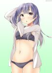 1girl adjusting_hair black_bra black_eyes black_panties bra chestnut_mouth hair_down kankitsunabe_(citrus) kantai_collection long_hair looking_at_viewer navel no_hat ooshio_(kantai_collection) open_mouth panties partially_undressed purple_hair solo twitter_username underwear 