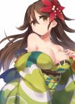  1girl amagi_(kantai_collection) breasts brown_eyes brown_hair furisode hair_between_eyes hair_ornament hand_on_own_chest japanese_clothes kantai_collection kimono large_breasts leaf leaf_hair_ornament long_hair looking_at_viewer maple_leaf mole mole_under_eye off_shoulder ponytail solo upper_body yamaarashi 