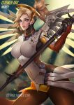  1girl blonde_hair breasts citemer cowboy_shot eyelashes green_eyes holding_staff large_breasts lips looking_at_viewer mechanical_halo mechanical_wings mercy_(overwatch) nose overwatch pantyhose parted_lips solo spread_wings staff watermark web_address wings 