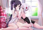  2girls angel_wings babydoll bare_legs bare_shoulders black_hair black_panties bow breasts chestnut_mouth choker couch curtains frilled_choker frills hair_between_eyes hair_bow holding_hands indoors interlocked_fingers long_hair looking_at_viewer lying_on_person medium_breasts mito_yoshihiro multiple_girls open_mouth original outstretched_leg panties pointy_ears profile red_eyes scrunchie side_ponytail sitting smile soles thighs toes underwear white_hair white_panties window wings 