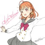  1girl ahoge blush braid character_name commentary_request hair_ribbon long_sleeves looking_at_viewer love_live! love_live!_sunshine!! ooyari_ashito open_mouth orange_hair red_eyes ribbon school_uniform short_hair side_braid sketch smile solo takami_chika 