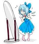  1girl blue_eyes blue_hair bow cirno dressing hair_bow ice ice_wings mirror musical_note rochika_gekijou socks solo touhou white_background wings 