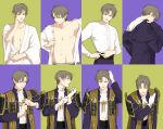  1boy armor bowing brown_hair closed_eyes dressing gloves heshikiri_hasebe japanese_armor japanese_clothes kimono male_focus multiple_persona nipples open_clothes open_shirt parted_lips sequential shirt smile sode touken_ranbu twoframe violet_eyes white_gloves yukata 